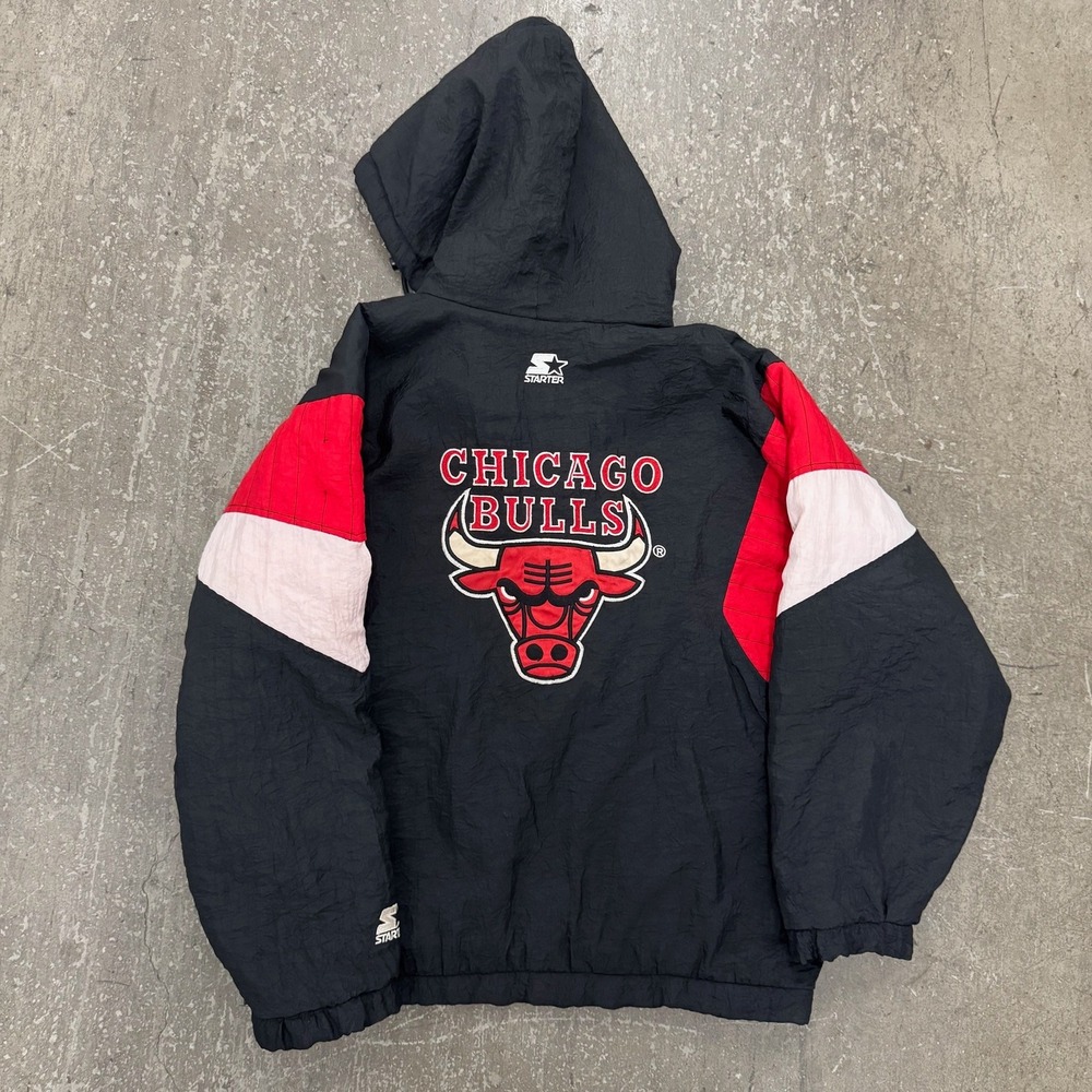 Starter Chicago Bulls Jacket Mens S Black Excellent 90s NBA Puffer Anorak Hooded - Picture 5 of 5